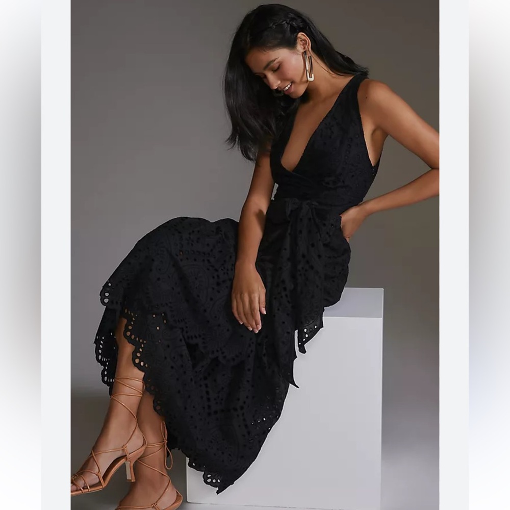 Anthropologie Black Eyelet Midi Dress